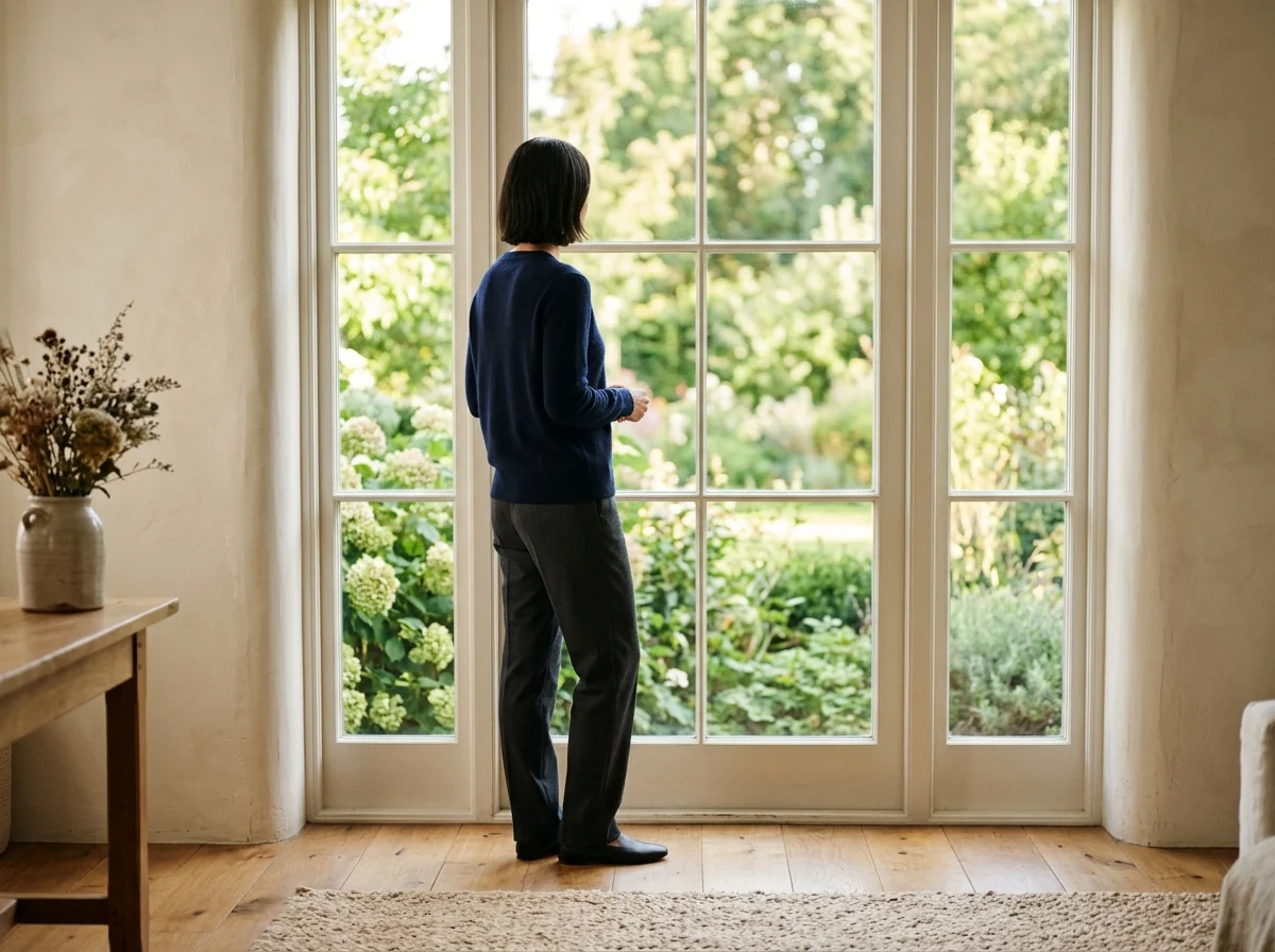 Stonebridge Journal wellness editor looking out at garden greenery