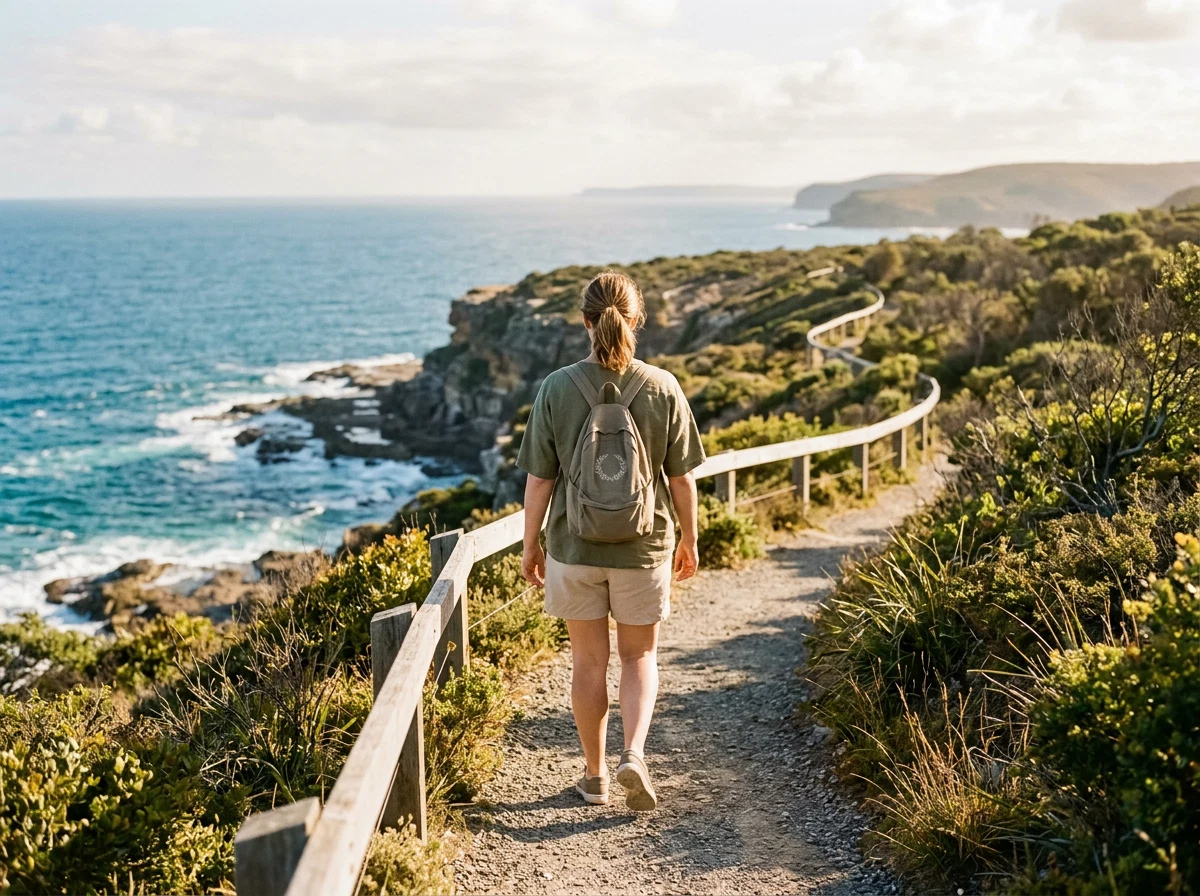 Man walking along a sunny Australian coastal path for daily movement