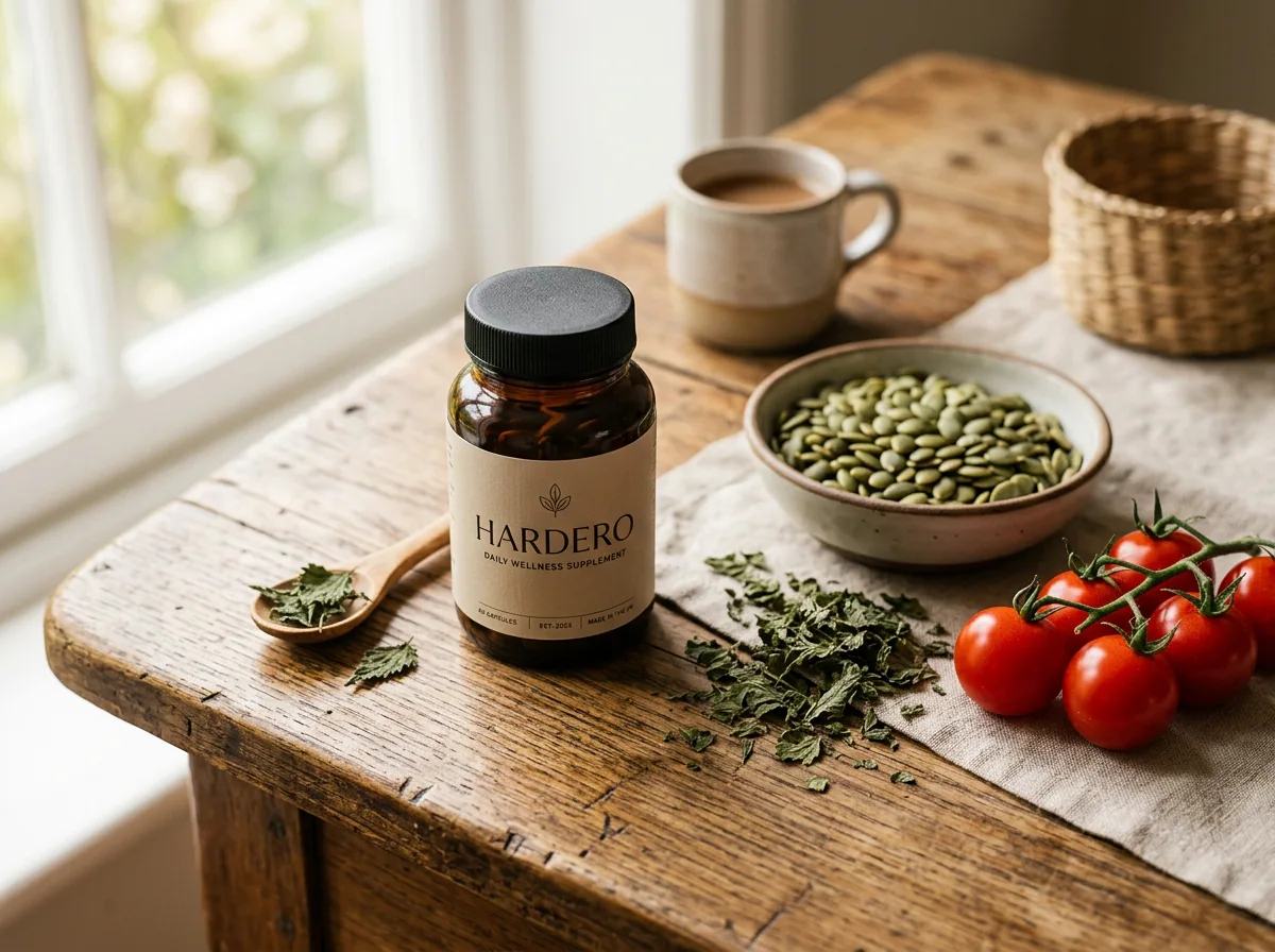 Hardero Hardero supplement with pumpkin seeds and plant extracts on a wooden table