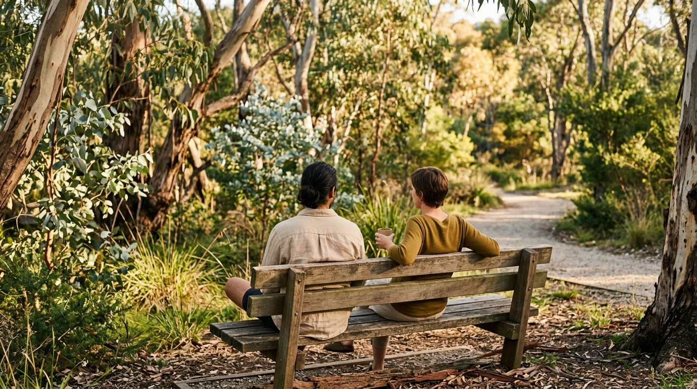 Two men in relaxed conversation outdoors in an Australian park